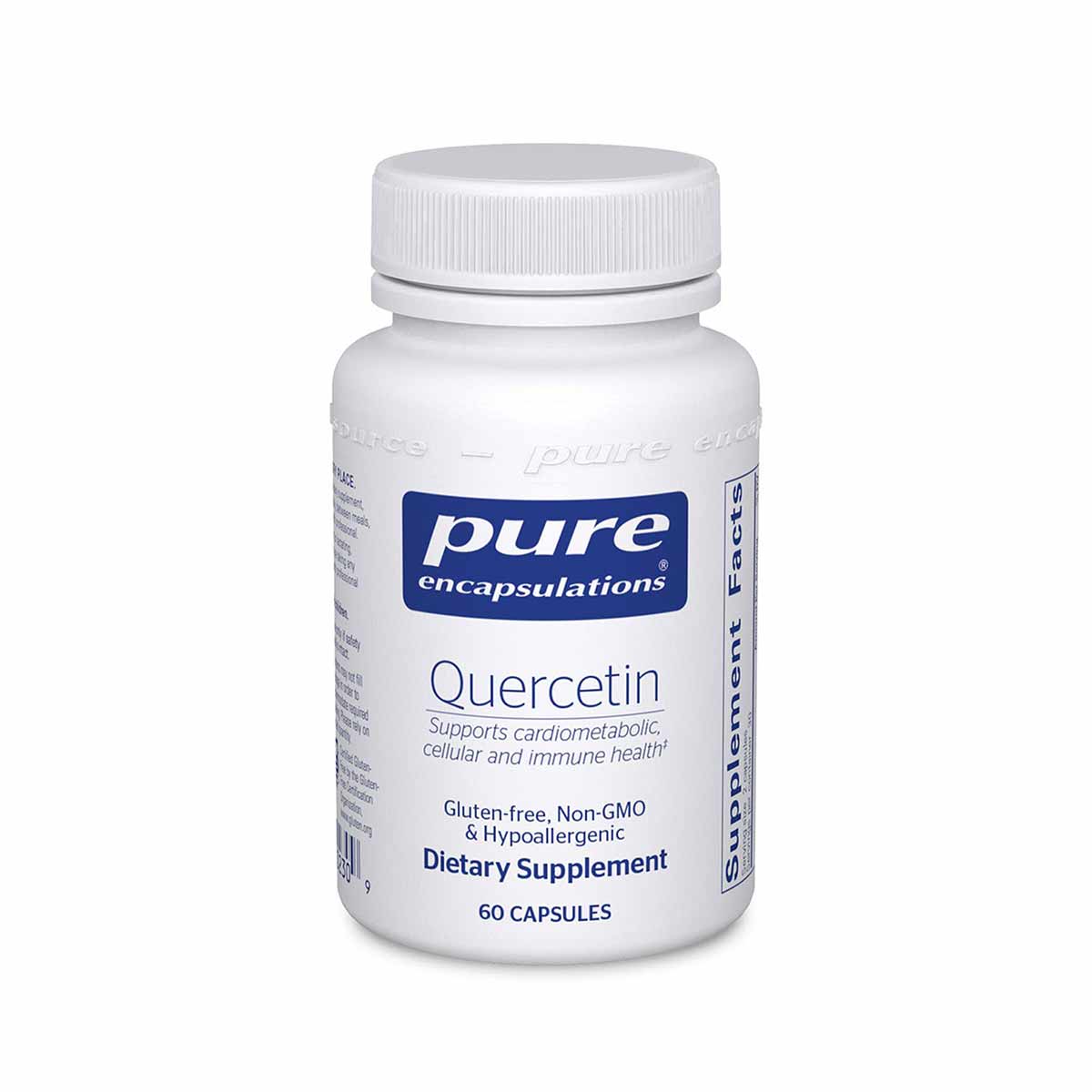 White bottle of Pure Encapsulations Quercetin dietary supplement with white screw cap, containing 60 capsules.