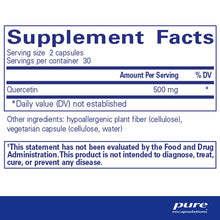Supplement Facts label for Quercetin by Pure Encapsulations showing 500mg per serving in vegetarian capsules.