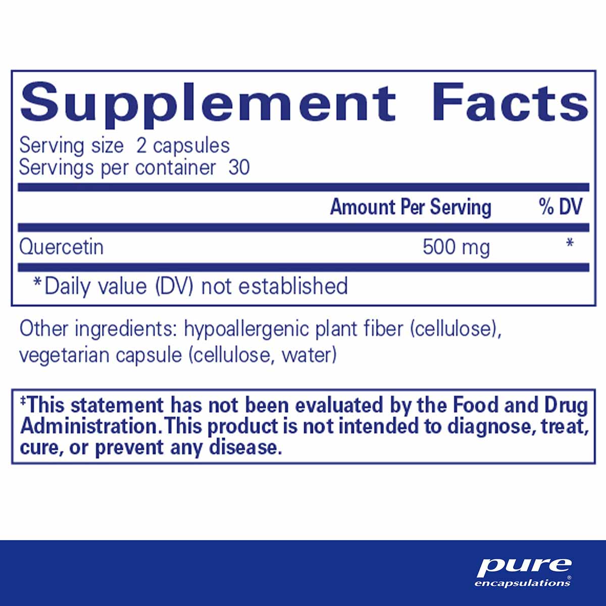 Supplement Facts label for Quercetin by Pure Encapsulations showing 500mg per serving in vegetarian capsules.