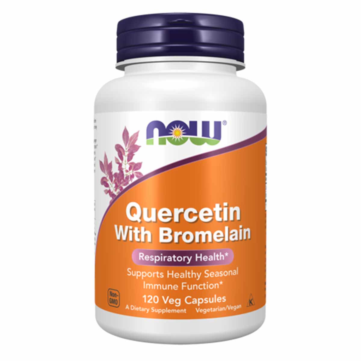 White bottle with dark blue cap labeled "Quercetin With Bromelain" by NOW Foods, containing 120 vegetarian capsules.