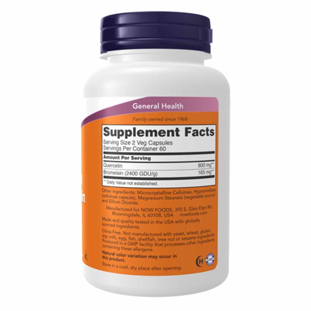 White supplement bottle with dark blue cap and orange label showing Supplement Facts for Quercetin with Bromelain by NOW Food