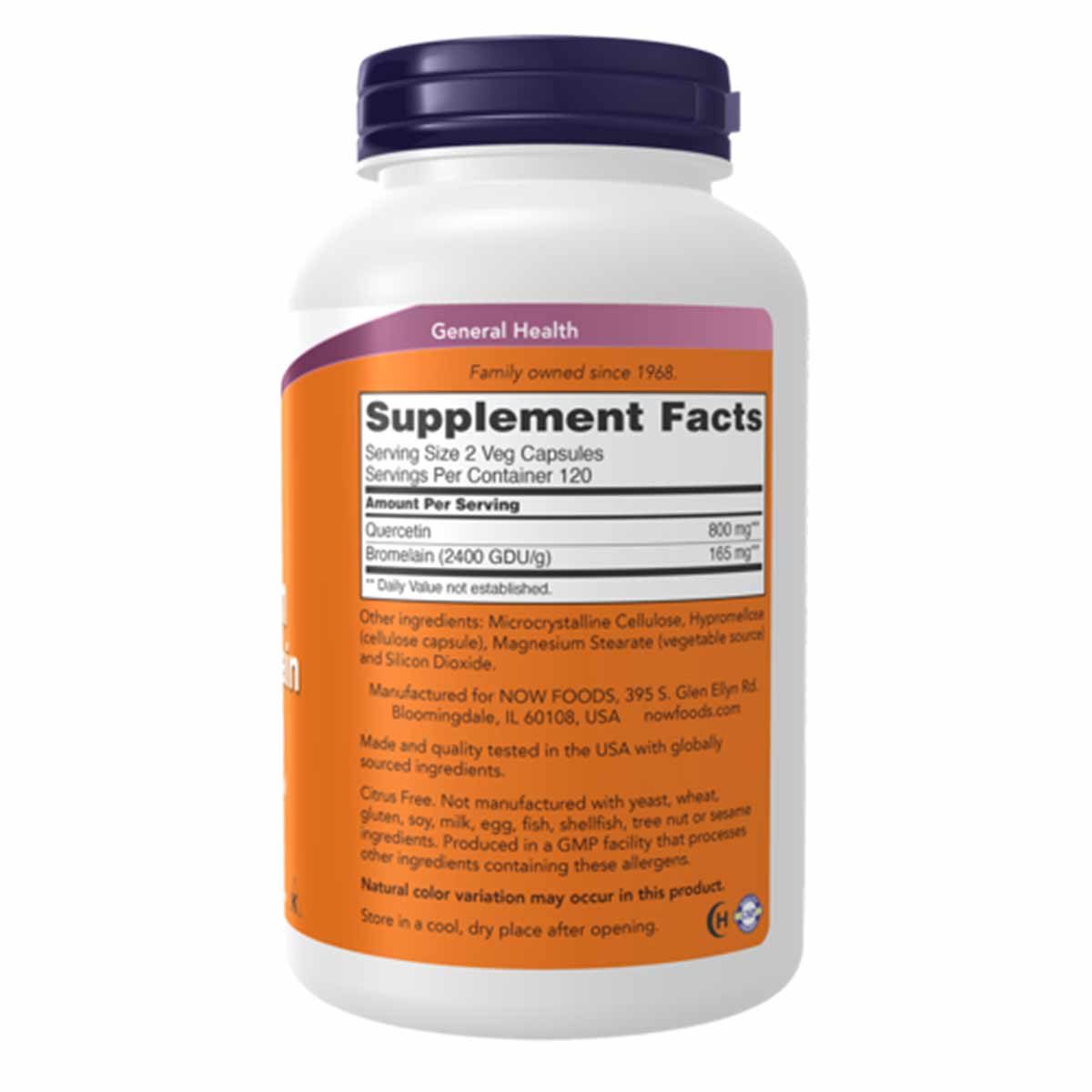 White cylindrical supplement bottle with dark blue cap and orange label displaying Supplement Facts for Quercetin with Bromel