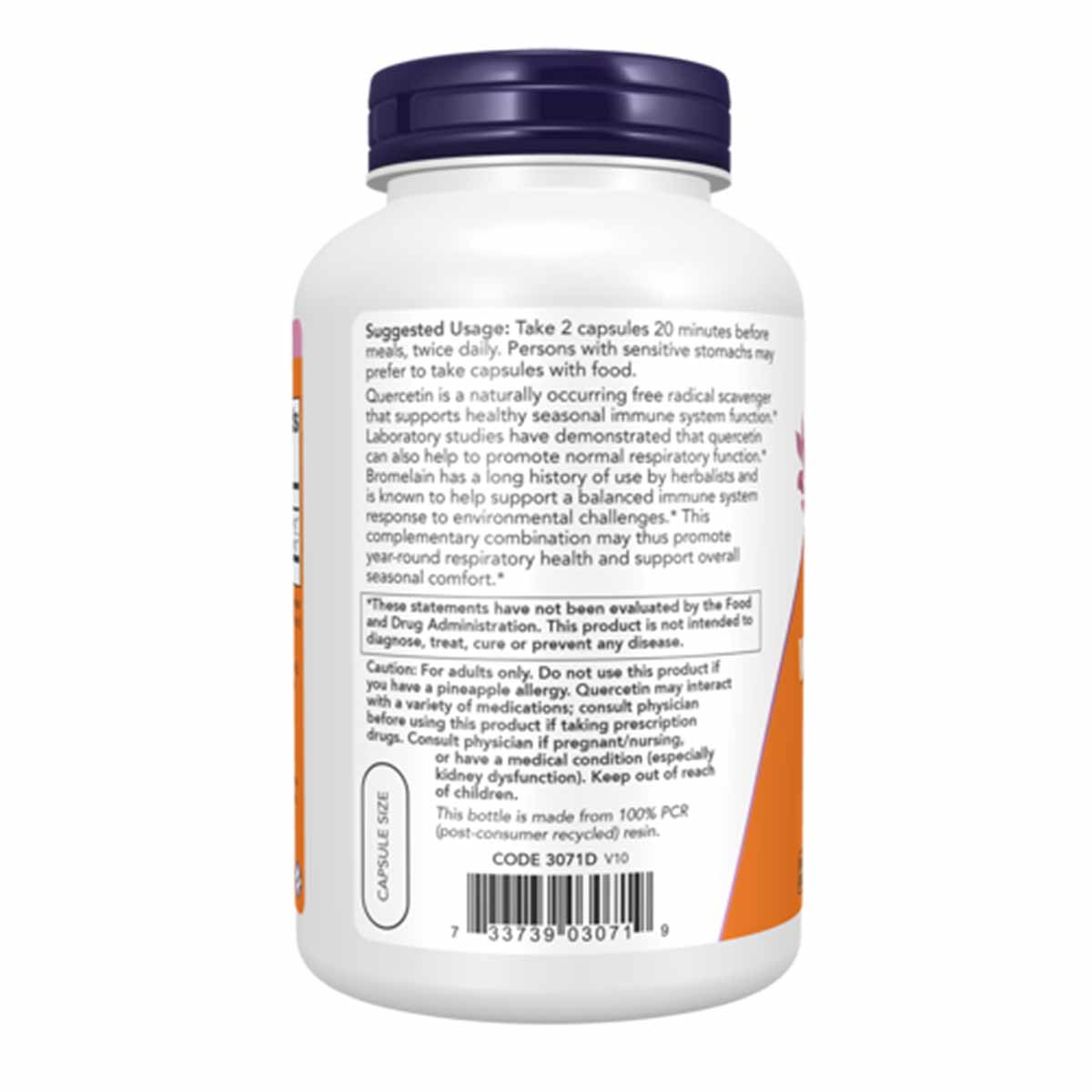 White supplement bottle with dark blue cap containing Quercetin with Bromelain capsules by NOW Foods.