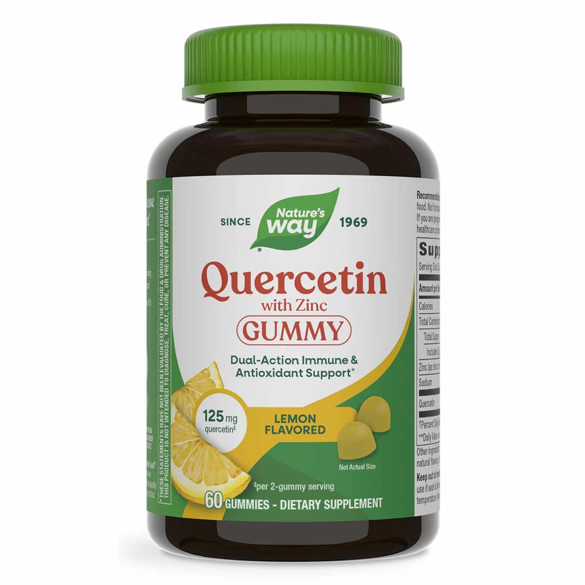 Bottle of Nature's Way Quercetin with Zinc lemon-flavored gummies, 60 count, with green cap and yellow label.