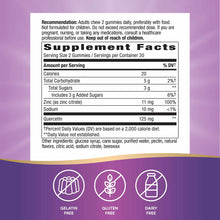 Supplement label showing quercetin and zinc gummies nutrition facts with gelatin-free, gluten-free, and dairy-free icons belo
