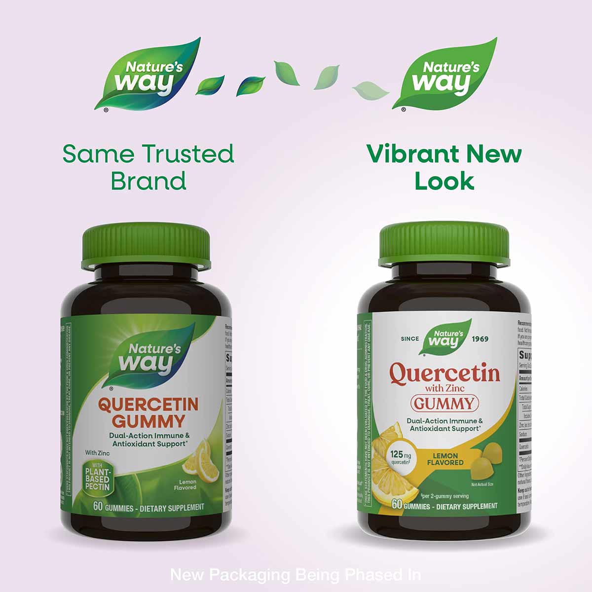 Two dark glass bottles with green caps labeled Quercetin with Zinc Gummy in lemon flavor, showing old and new Nature's Way pa