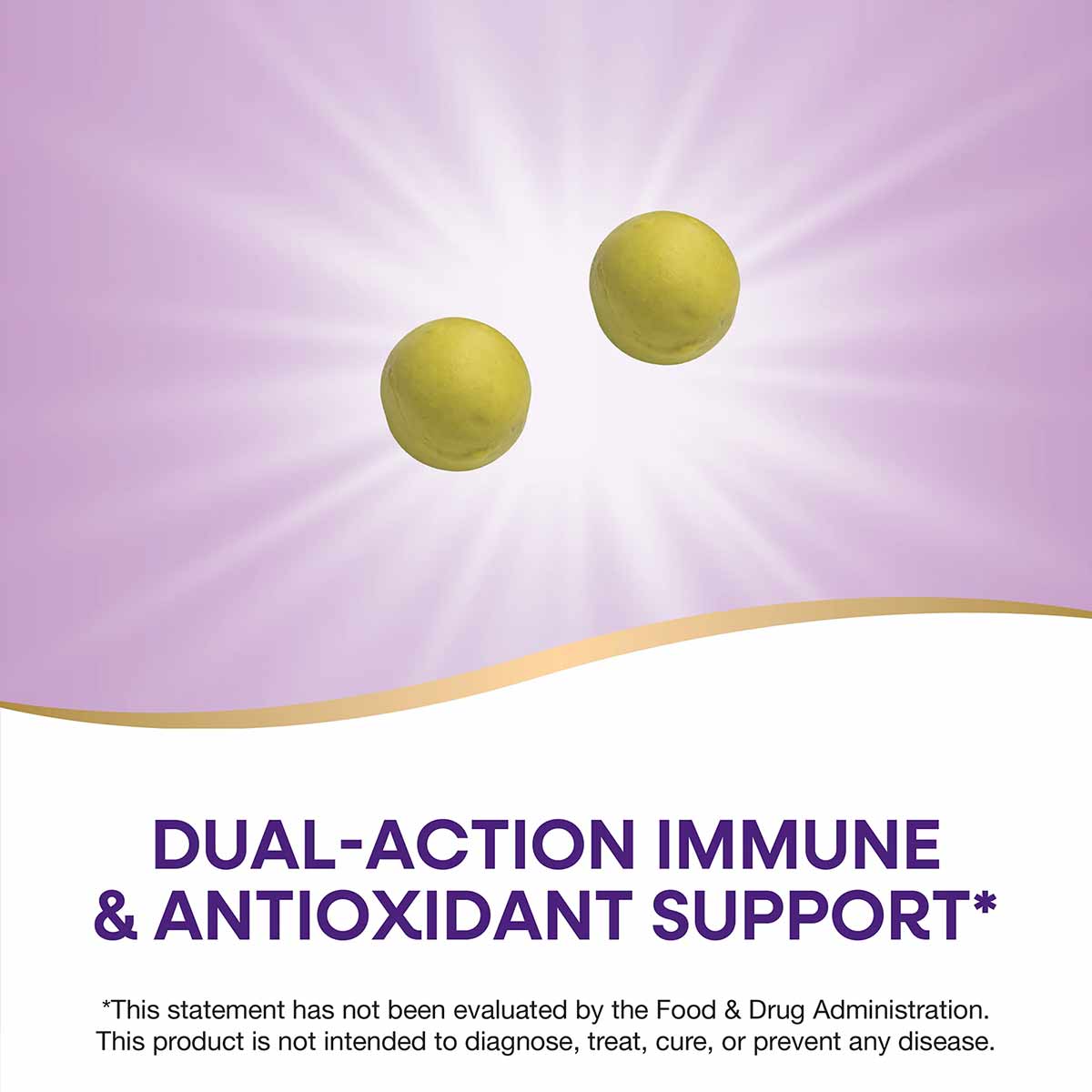 Two yellow-green spherical gummies on purple and white background with product text.