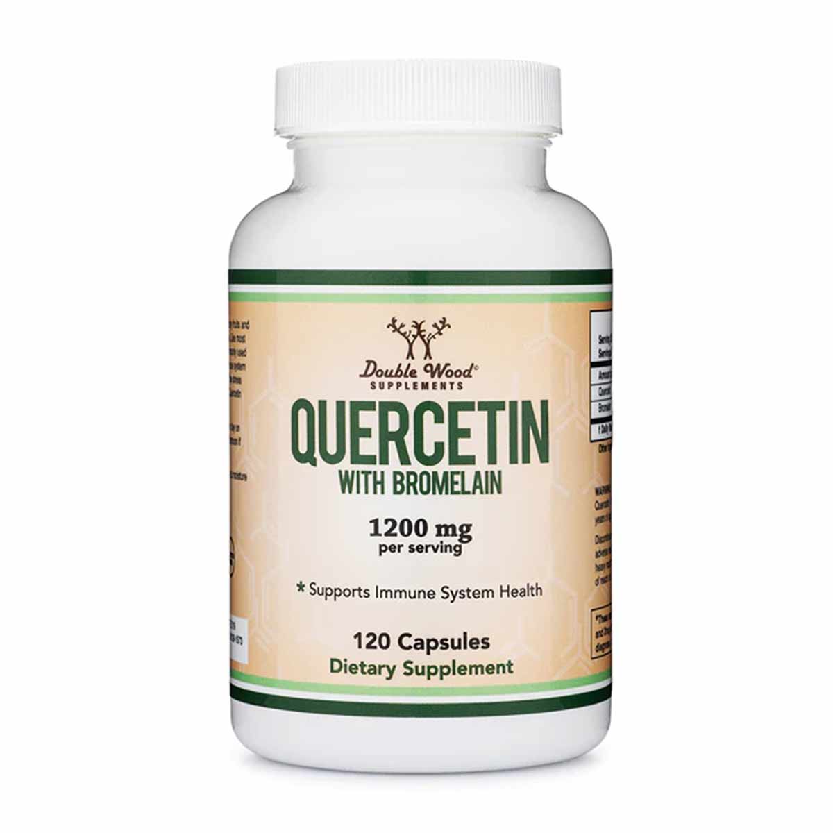White plastic bottle of Double Wood Supplements Quercetin with Bromelain dietary supplement containing 120 capsules.