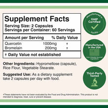 Supplement Facts label for Quercetin with Bromelain showing dosage, ingredients, and GMP certification badges.