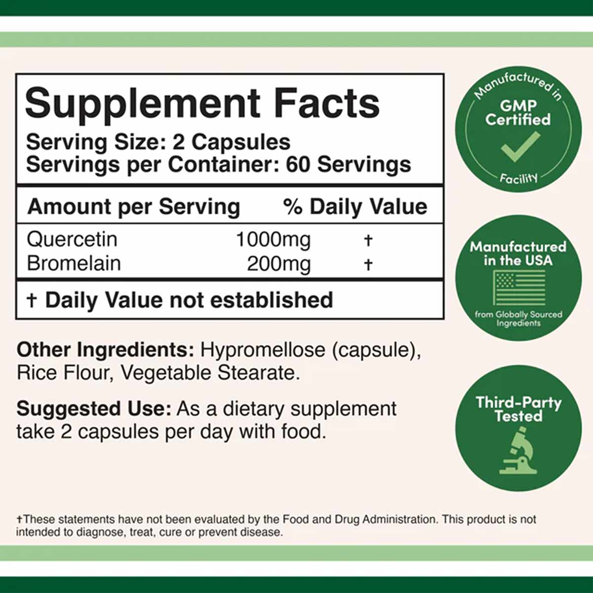 Supplement Facts label for Quercetin with Bromelain showing dosage, ingredients, and GMP certification badges.