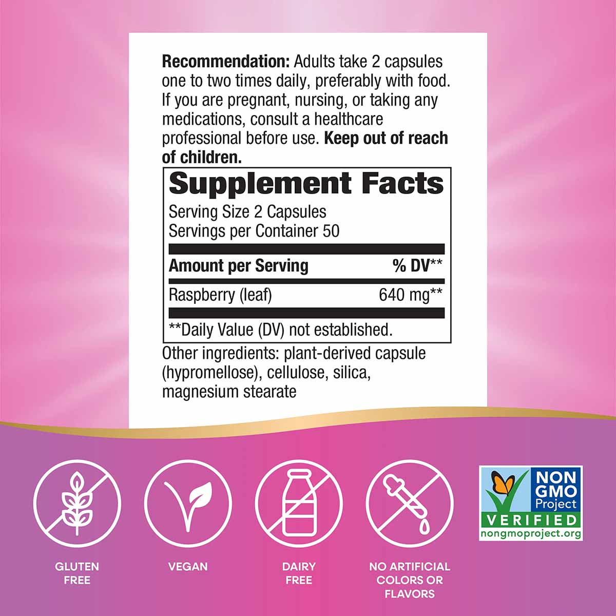 Supplement Facts label for Nature's Way Raspberry Leaf capsules showing 640mg per serving with gluten-free, vegan, dairy-free