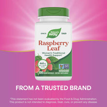 White and green bottle of Nature's Way Raspberry Leaf dietary supplement with 100 vegan capsules, 640mg per serving.