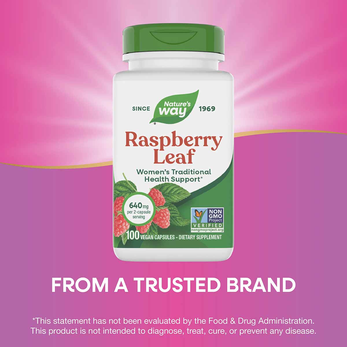 White and green bottle of Nature's Way Raspberry Leaf dietary supplement with 100 vegan capsules, 640mg per serving.