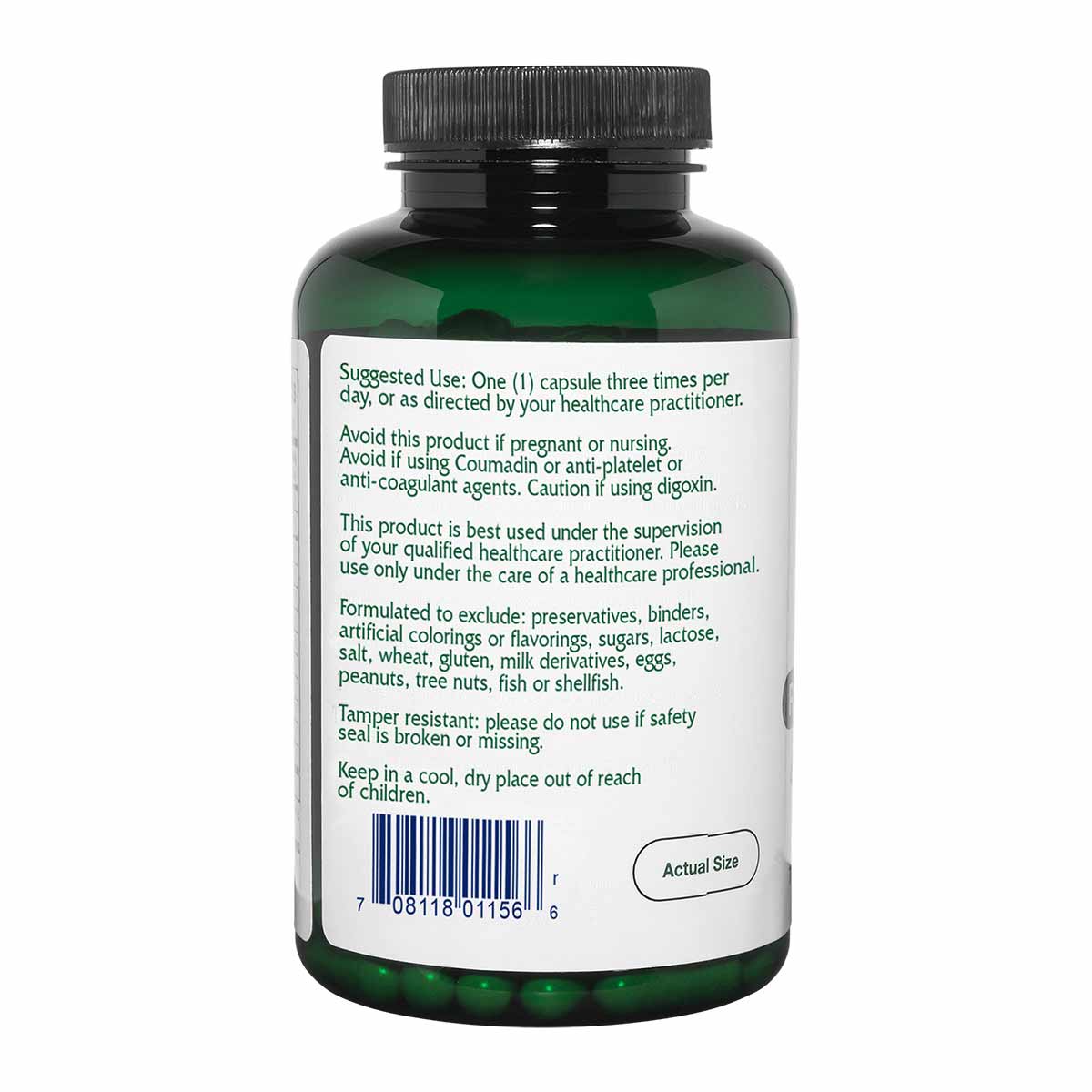 Dark green supplement bottle with black cap and white label containing usage and ingredient information.