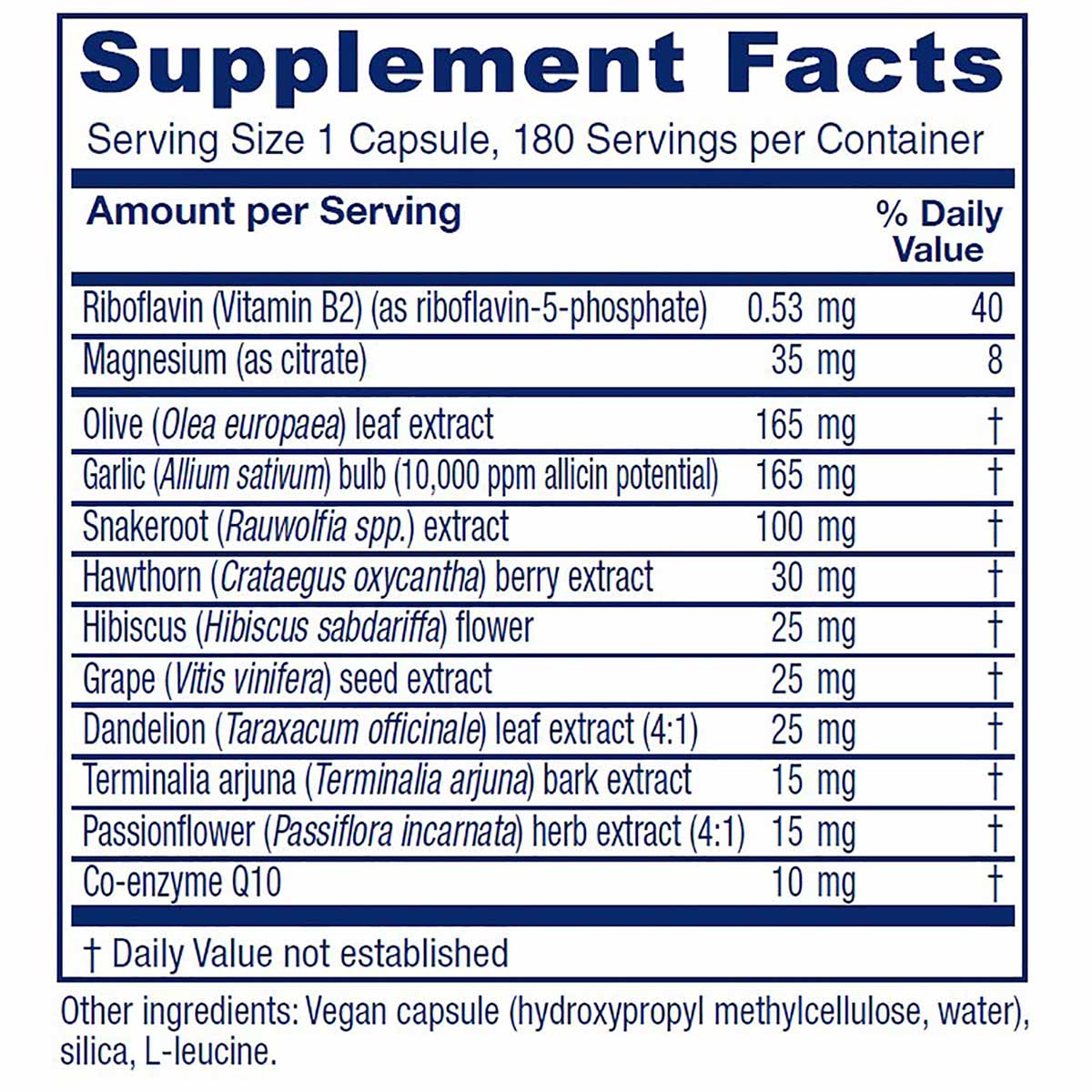 Supplement Facts label for Rauwolfia Extra showing serving size, ingredient amounts, and daily values for vitamins, minerals,