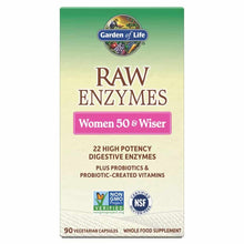 Garden of Life Raw Enzymes Women 50 & Wiser supplement bottle with green and cream gradient label, 90 vegetarian capsules.