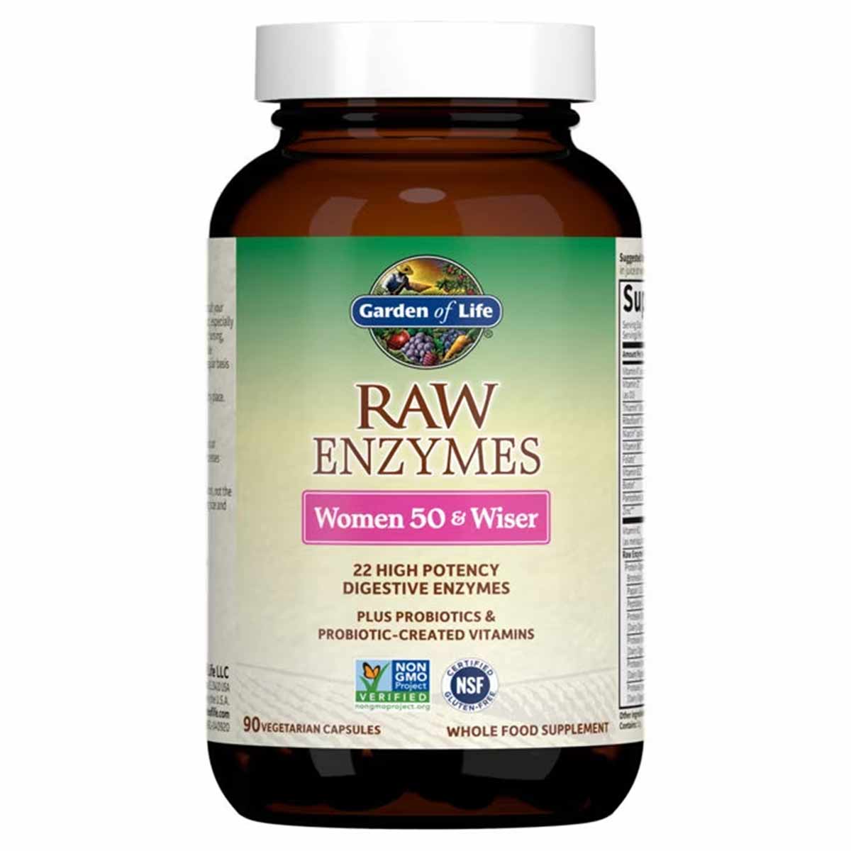 Brown glass bottle with white cap labeled "Garden of Life Raw Enzymes Women 50 & Wiser" containing 90 vegetarian capsules.