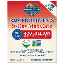 Garden of Life Raw Probiotics 5-Day Max Care powder in red and cream packaging with 400 billion guaranteed live cultures.