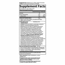 Supplement Facts label for Raw Probiotics 5-Day Max Care powder showing serving size, nutritional information, probiotic blen