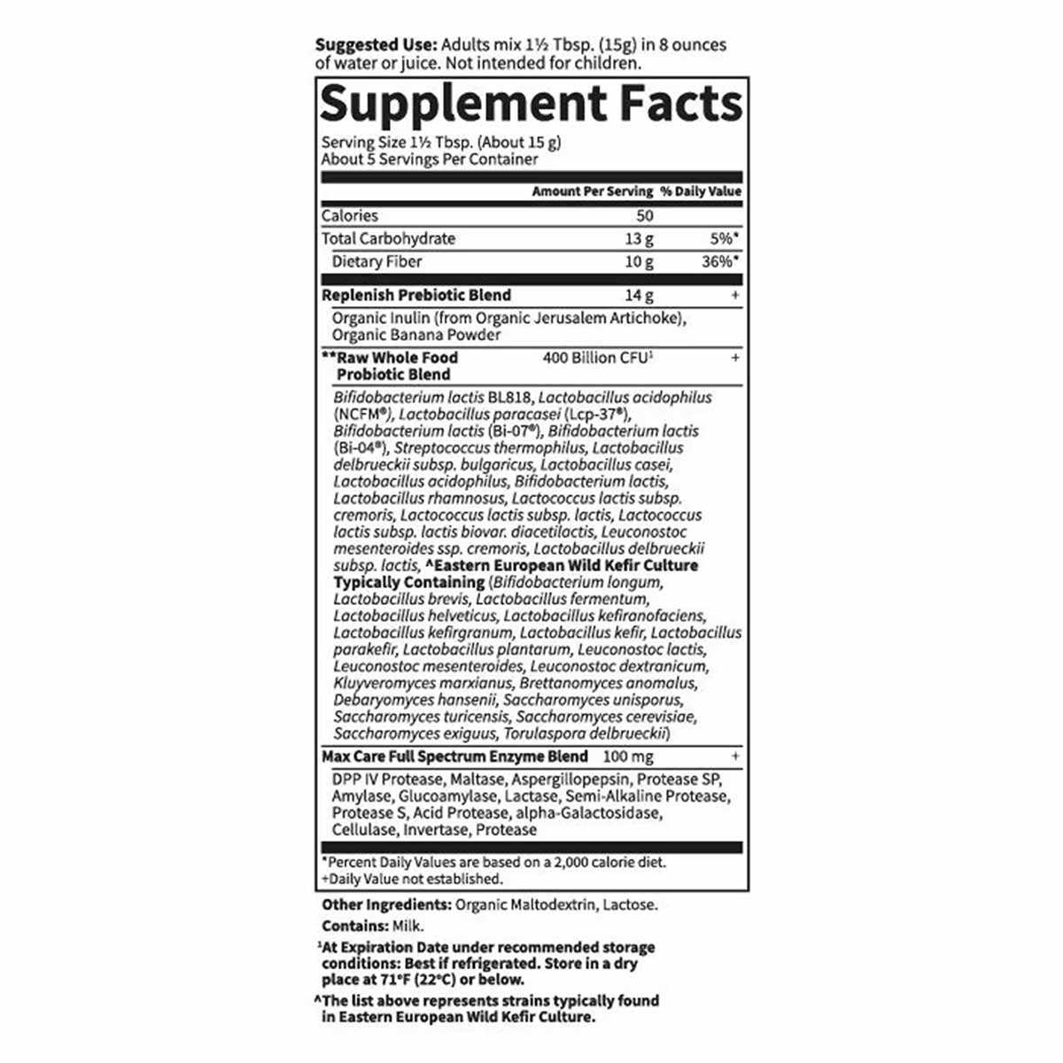 Supplement Facts label for Raw Probiotics 5-Day Max Care powder showing serving size, nutritional information, probiotic blen