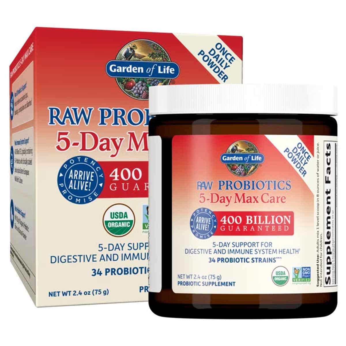 Garden of Life Raw Probiotics 5-Day Max Care powder in 75-gram container and box, USDA organic certified.