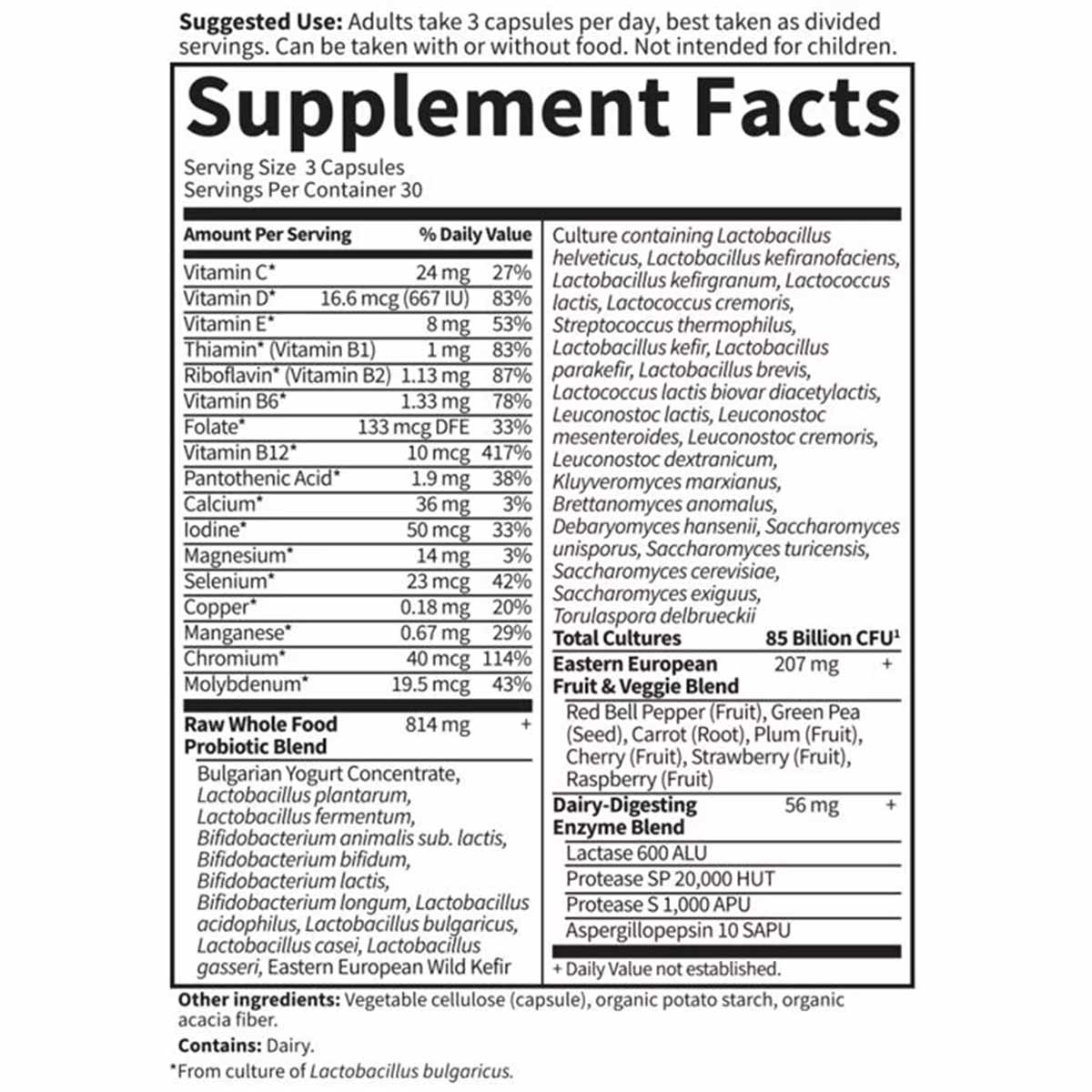 Bottle of Garden of Life Raw Probiotics Men 50 & Wiser supplement facts label showing 90 vegetable capsules with probiotics a