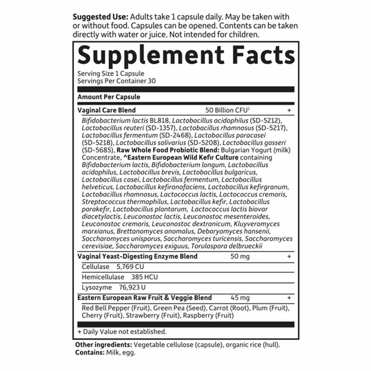 Supplement Facts label showing 50 Billion CFU vaginal care probiotic blend, enzyme blend, and fruit and vegetable ingredients