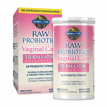 Garden of Life Raw Probiotics Vaginal Care 50 billion CFU bottle and pink box with "No Refrigeration Required" banner.