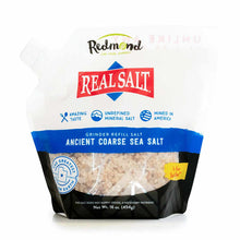 Redmond Real Salt coarse sea salt pouch with white and tan crystals visible through clear window panel.