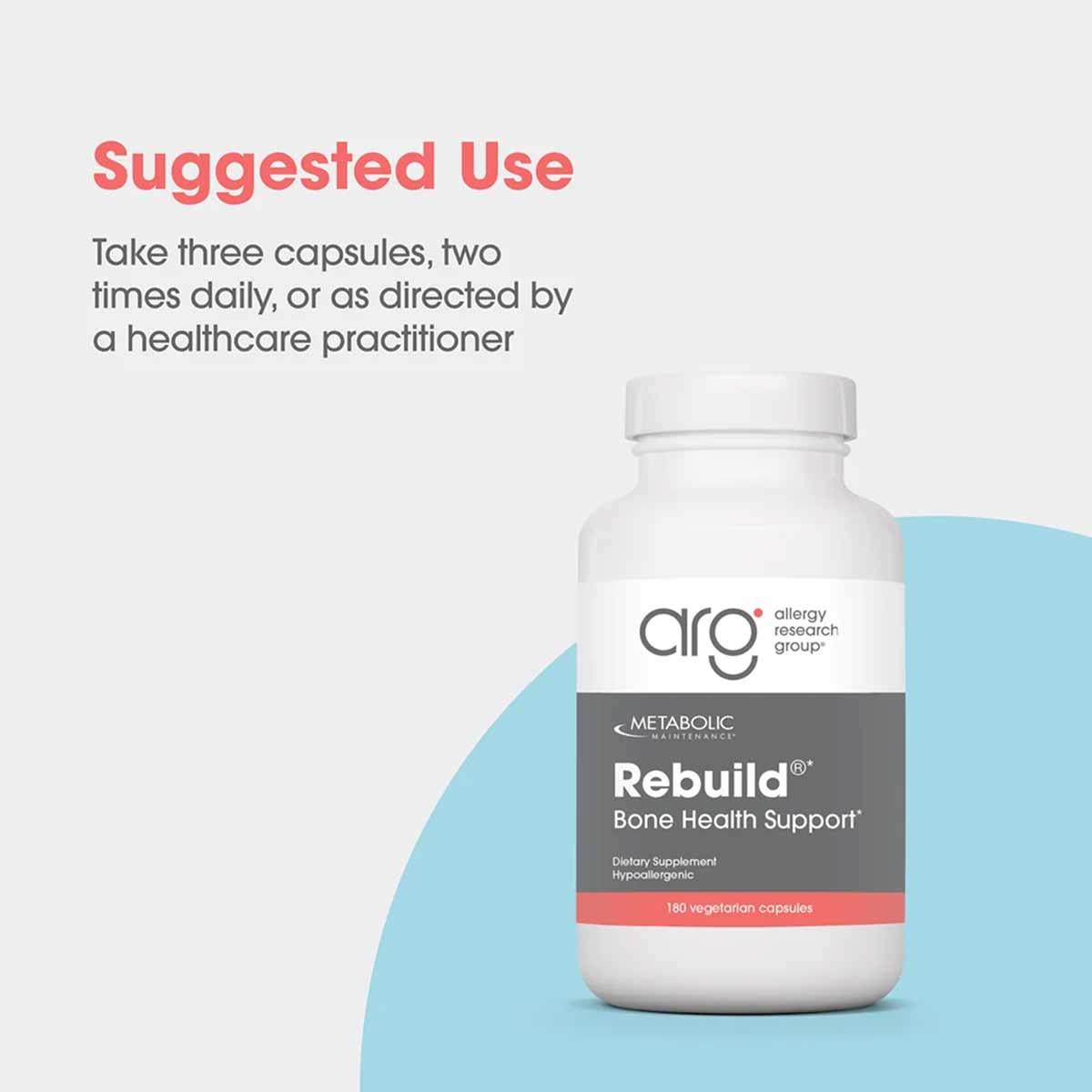 White supplement bottle labeled "Rebuild Bone Health Support" by Allergy Research Group containing 180 vegetarian capsules.
