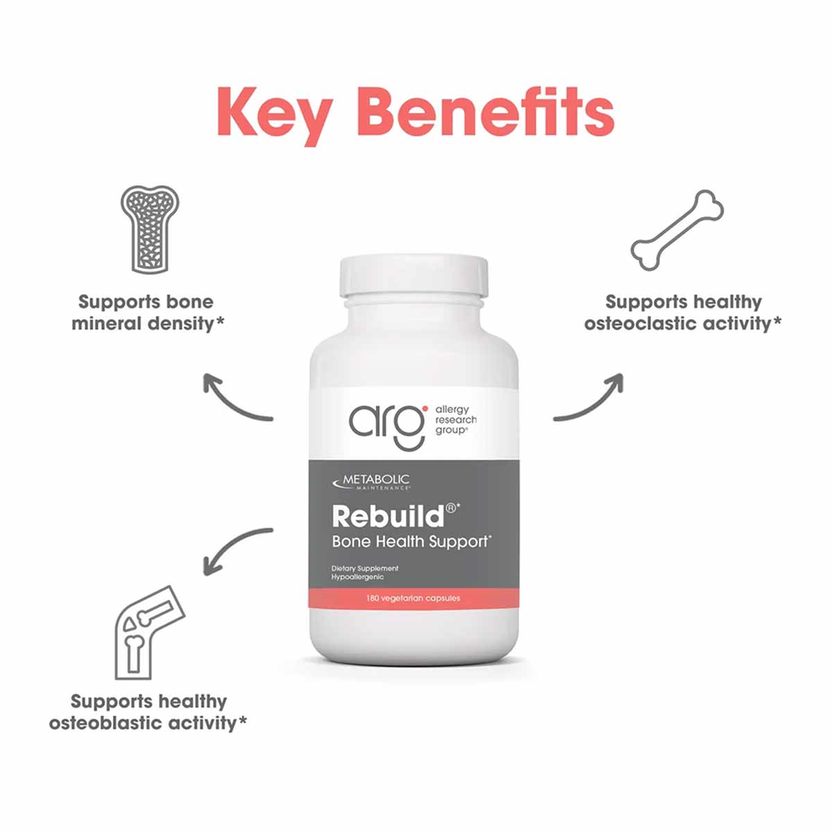 White bottle of Allergy Research Group Rebuild Bone Health Support dietary supplement with 180 vegetarian capsules and benefi