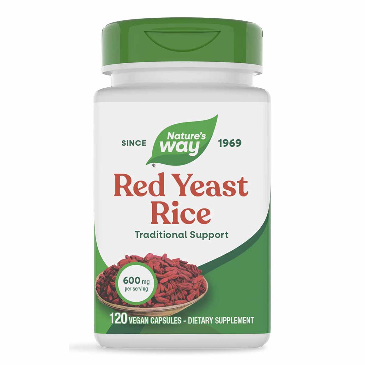 Nature's Way Red Yeast Rice 600 mg supplement bottle with green cap and white label containing 120 vegan capsules.
