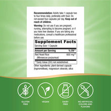 Product label for Red Yeast Rice 600 mg supplement with usage instructions, supplement facts, and certification icons on gree
