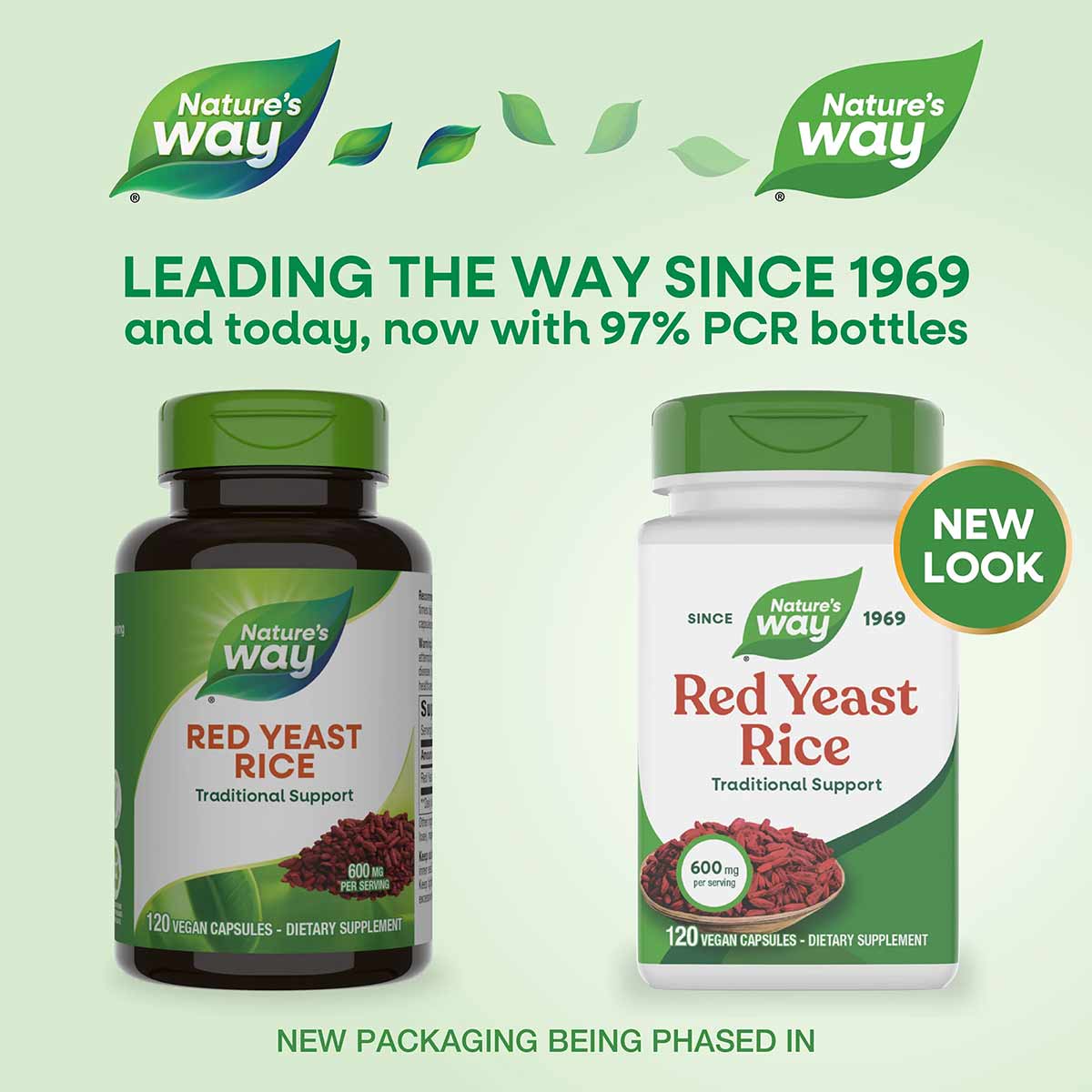 Two Nature's Way Red Yeast Rice supplement bottles, one with dark glass and one with white plastic, both labeled 600 mg per s