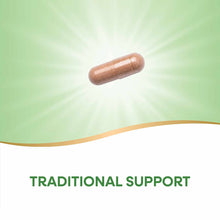 Brown capsule supplement on green and white background with "Traditional Support" text.