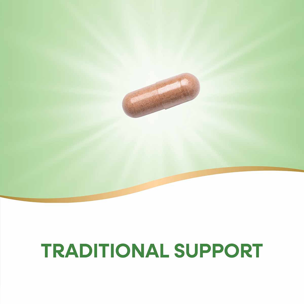 Brown capsule supplement on green and white background with "Traditional Support" text.