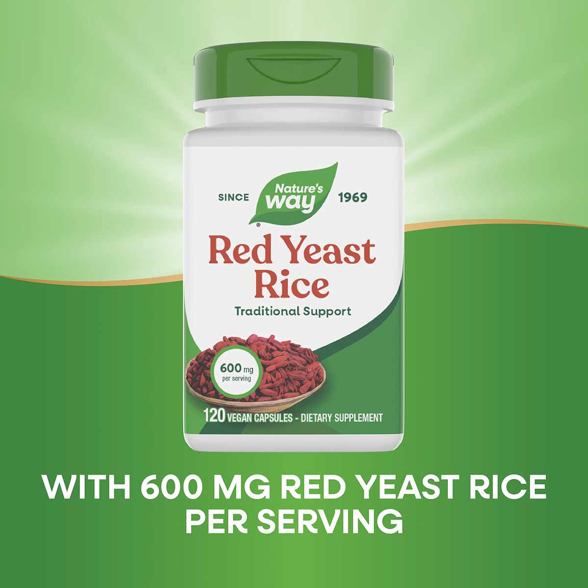 Nature's Way Red Yeast Rice 600 mg bottle with green cap containing 120 vegan capsules.