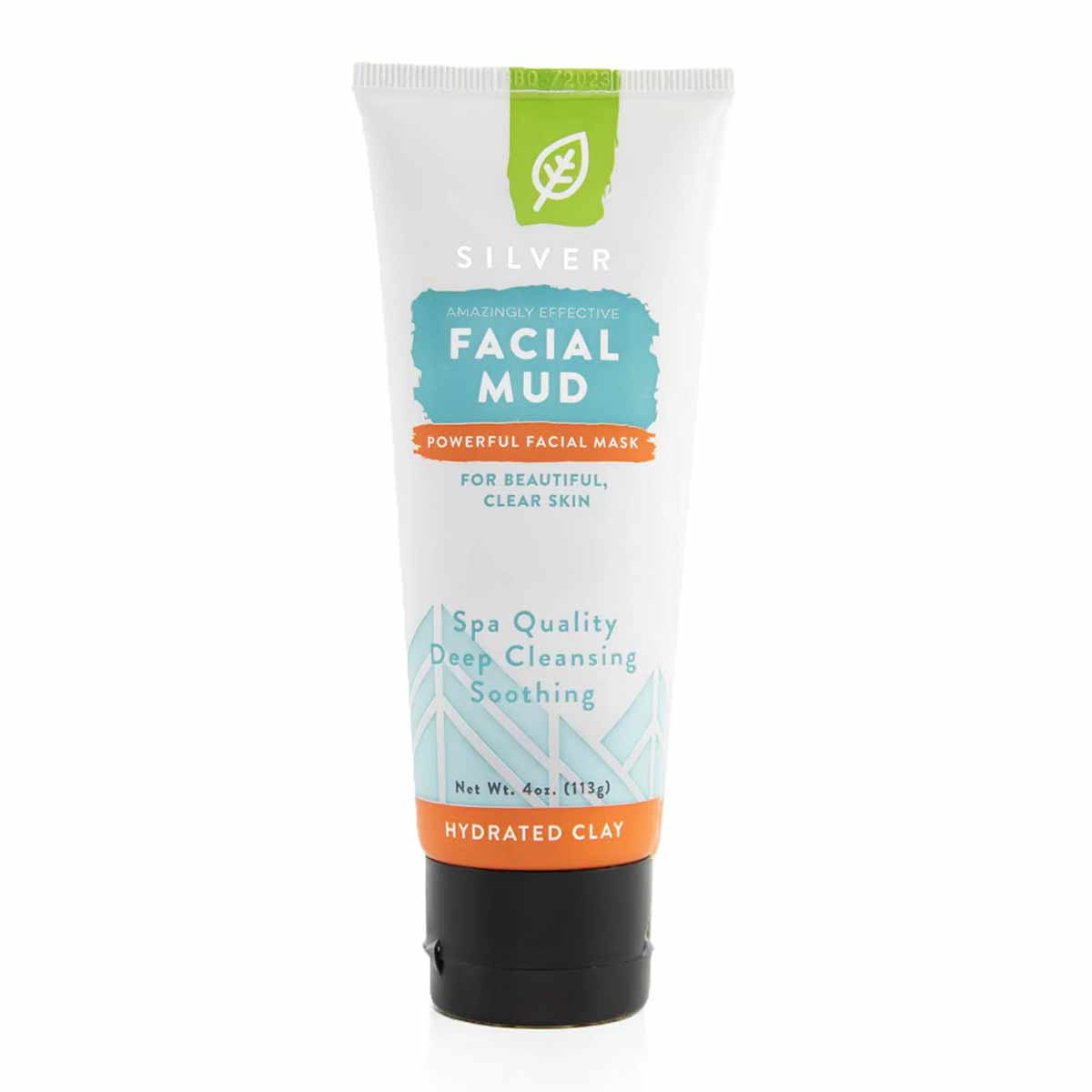 White tube with green, teal, and orange label containing 4 oz. Redmond Clay Facial Mud with Silver.