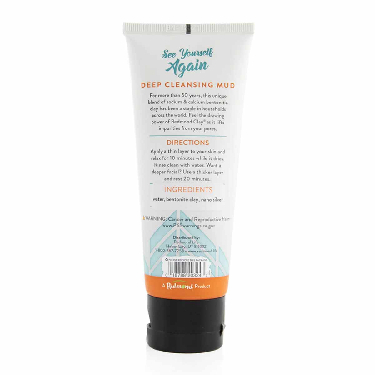 White tube with teal and orange text labeled "Deep Cleansing Mud" by Redmond Life, with black cap and base.