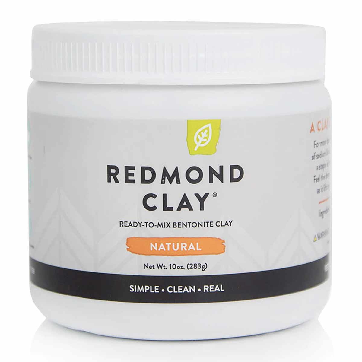 White plastic jar of Redmond Clay ready-to-mix bentonite clay, 10oz, with yellow leaf logo and orange natural label.