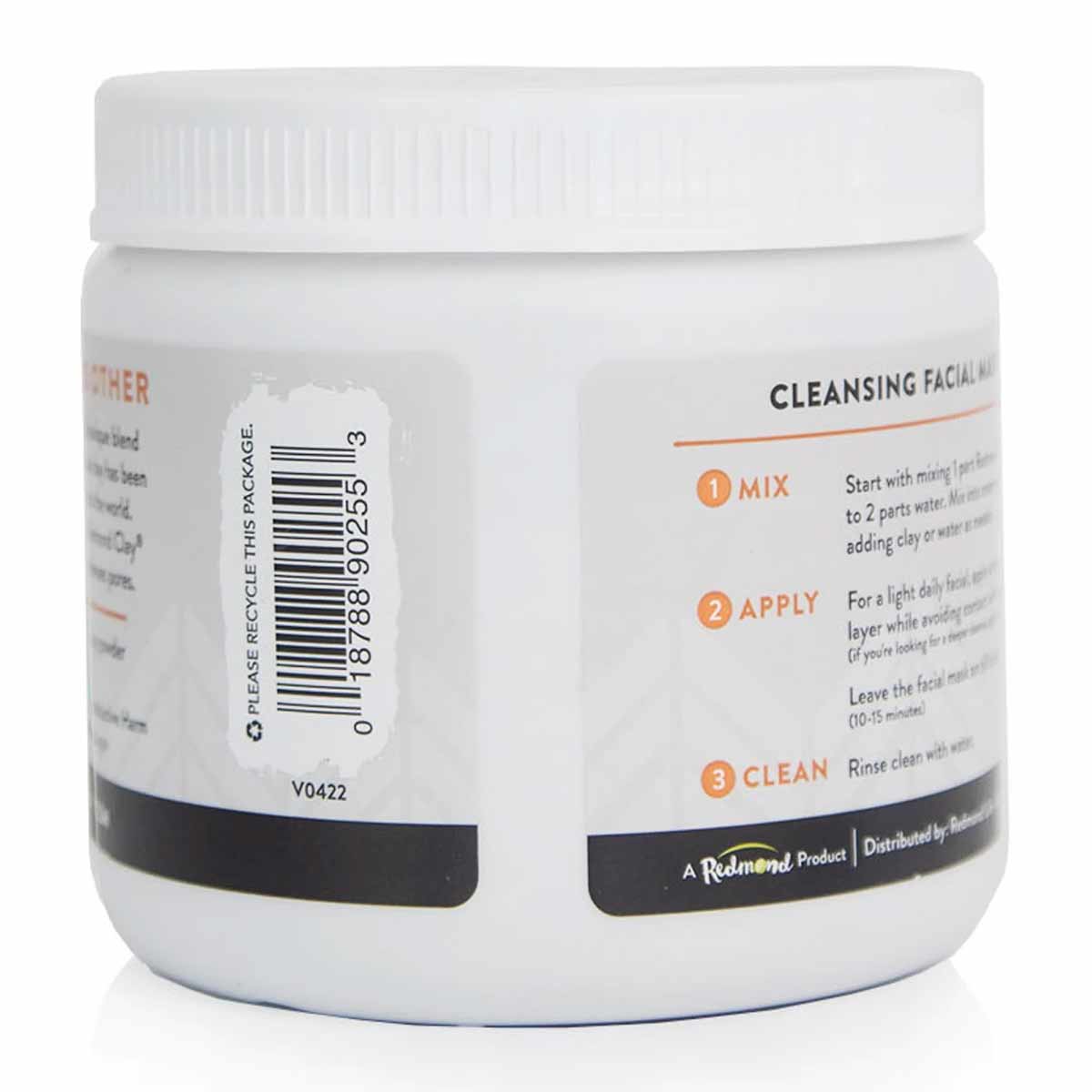 White plastic jar with white screw-top lid containing bentonite clay powder, labeled with usage instructions for facial clean