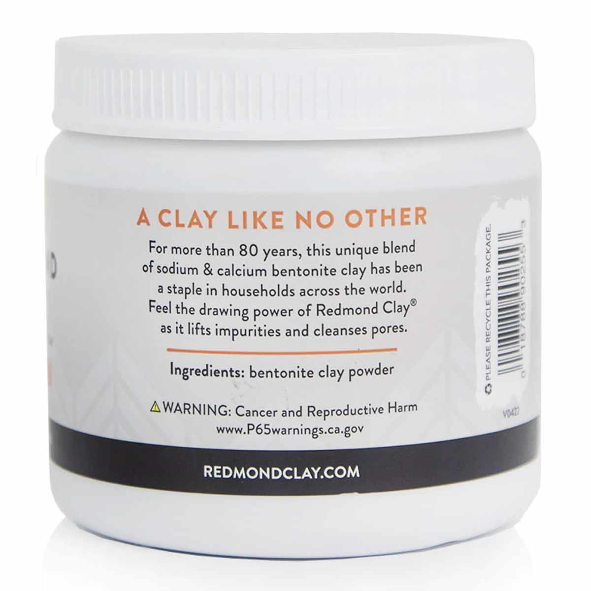 White plastic jar with white screw cap containing bentonite clay powder, labeled with orange and black text.