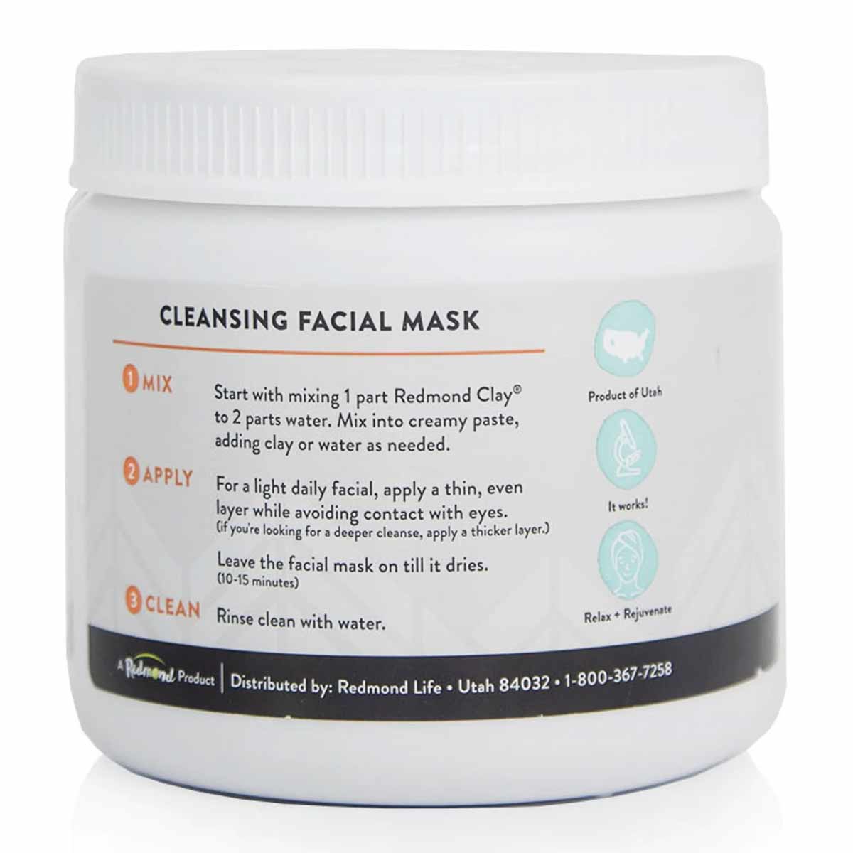 White container with white screw-top lid labeled "Cleansing Facial Mask" with usage instructions and product information on l