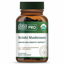 Gaia Herbs Pro Reishi Mushroom supplement bottle with green cap containing 60 dark capsules, USDA Organic certified.