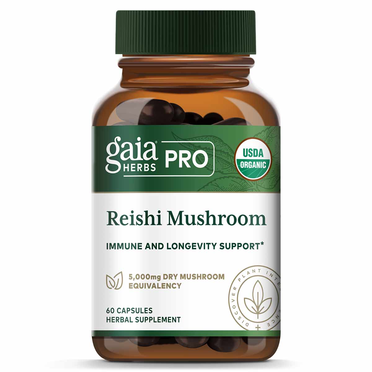 Gaia Herbs Pro Reishi Mushroom supplement bottle with green cap containing 60 dark capsules, USDA Organic certified.