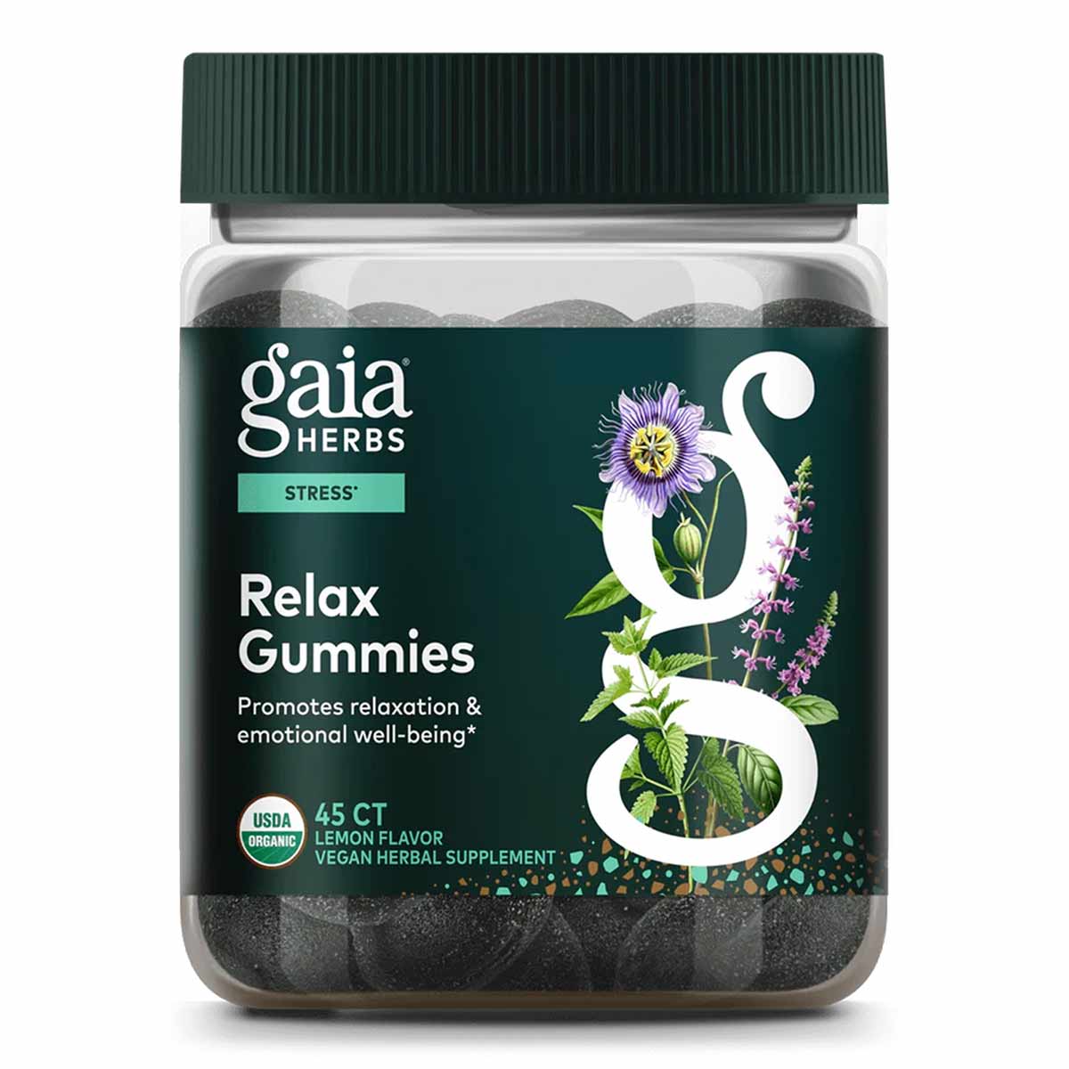 Gaia Herbs Relax Gummies bottle with green cap containing dark gummies, labeled 45 count lemon flavor vegan herbal supplement