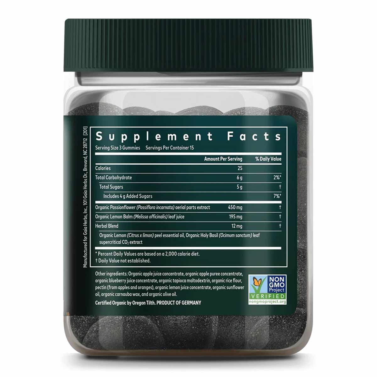 Clear glass jar with green cap containing dark round gummies, labeled with Supplement Facts and Non-GMO Project Verified cert