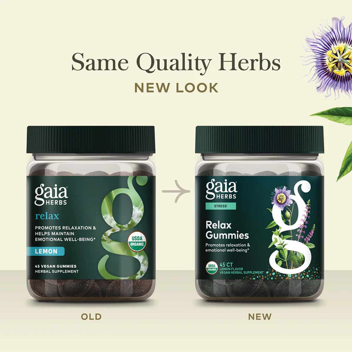 Two bottles of Gaia Herbs Relax Gummies showing old and new packaging designs with dark gummies inside.