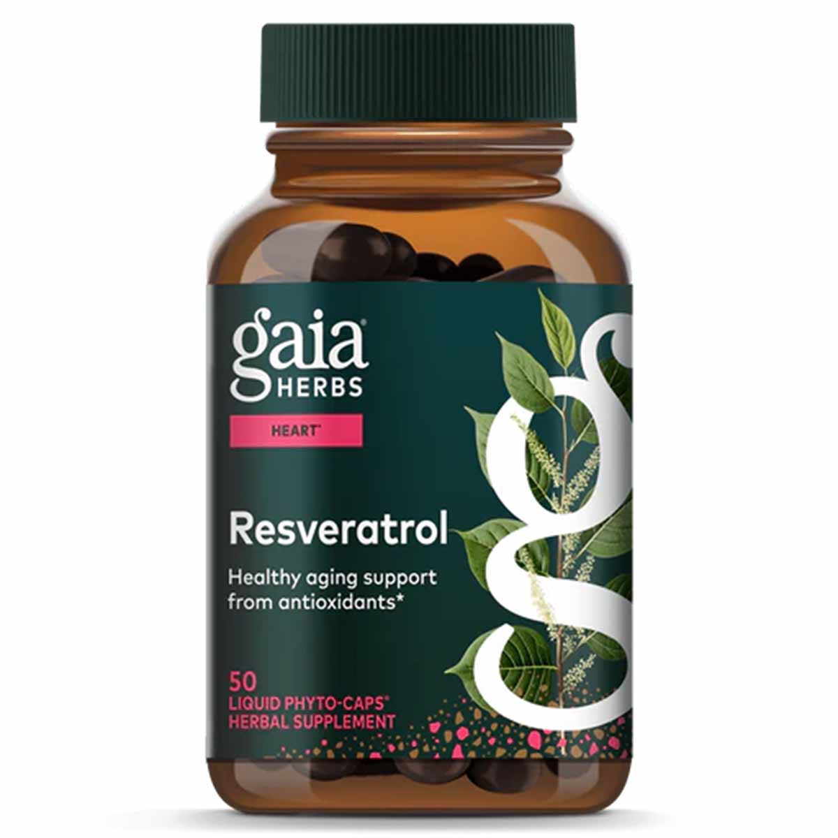 Gaia Herbs Resveratrol bottle with green cap containing dark liquid phyto-caps and teal label.