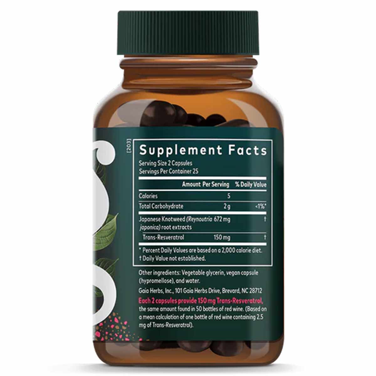 Amber glass bottle with green cap containing dark capsules and Supplement Facts label showing resveratrol and Japanese knotwe